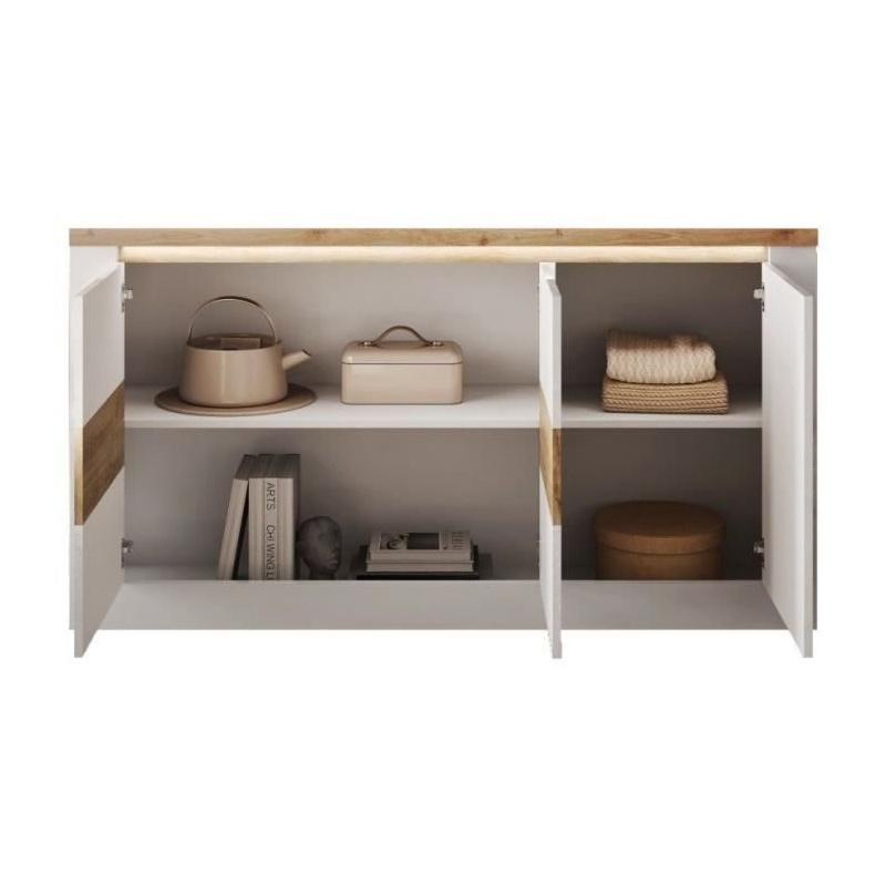 Buffet élégant IMOLA Blanc laqué/Chêne Clair LED - 160 x 43 x 88 cm