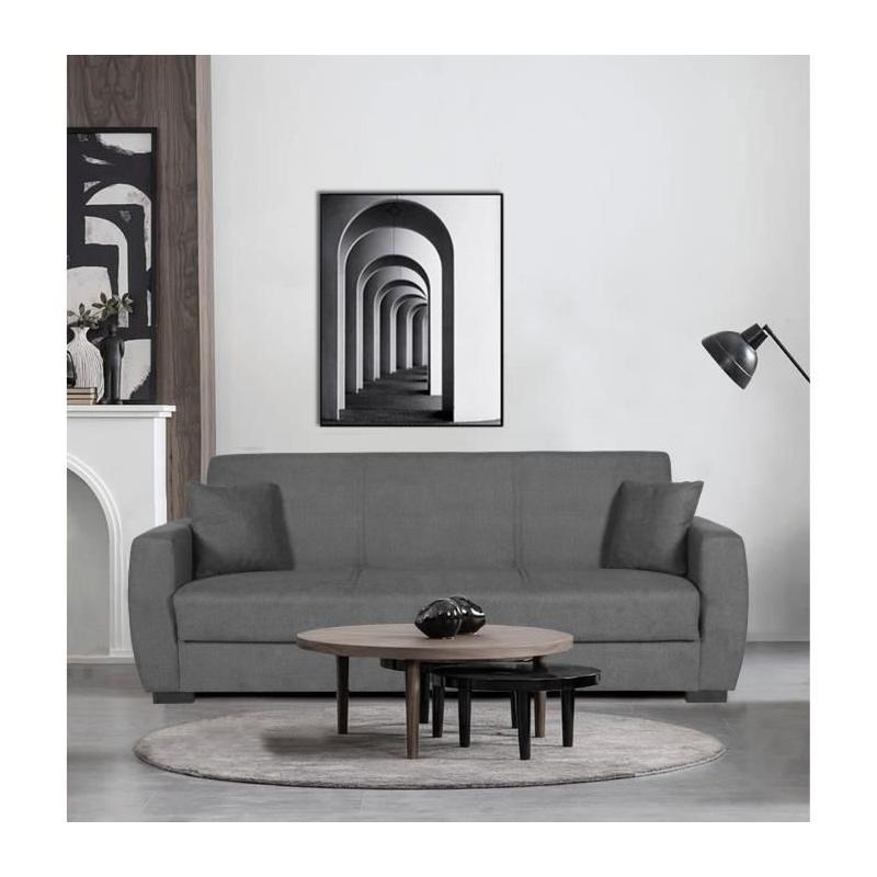 Canapé convertible OSCAR 3 places - Gris clair - Coffre de rangement