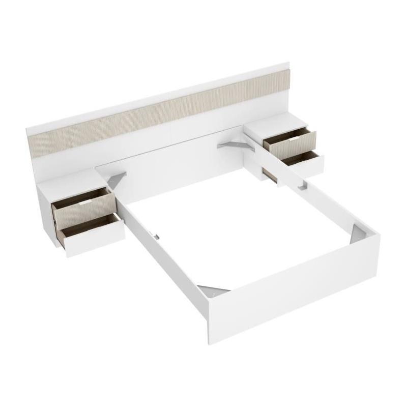 Lit adulte avec chevets intégrés BIANCA - 160 x 200 cm - Blanc/Bois