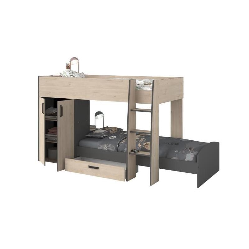 Lits superposés enfant avec rangements - Parisot - Décor Chêne Jackson et Gris Ombre