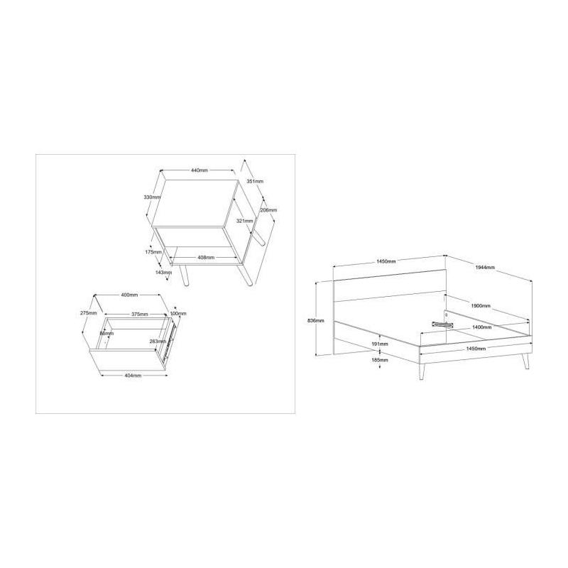 Ensemble Lit 140 x 190 cm + 2 chevets - Style Scandinave - Blanc / Chene