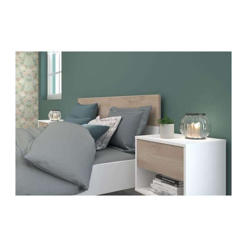 Ensemble Lit 160x200cm + 2 chevets AALBORG - Style Scandinave - Blanc/Chêne