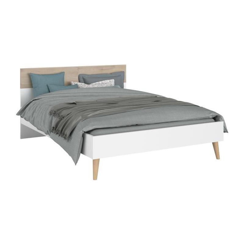 Ensemble Lit 160x200cm + 2 chevets AALBORG - Style Scandinave - Blanc/Chêne