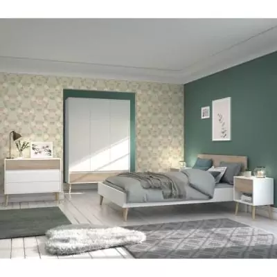 Chambre complète Scandinave Blanc / Chene - Lit 140 x 190 cm, 2 chevets, commode, armoire