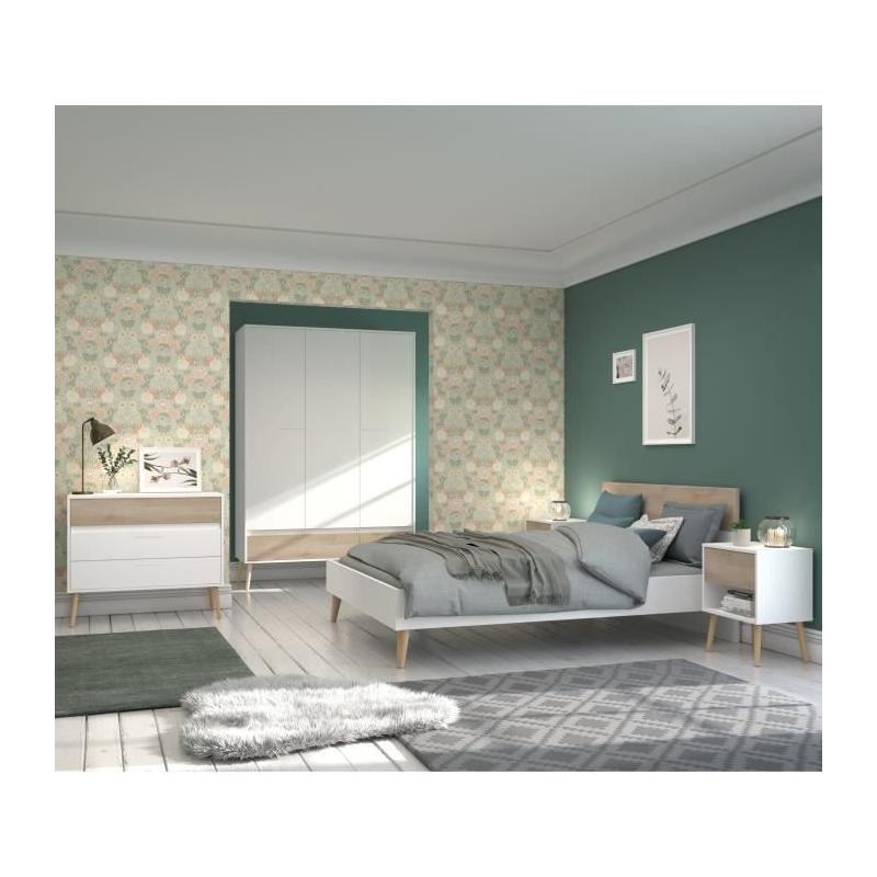 Chambre complète Scandinave Blanc / Chene - Lit 140 x 190 cm, 2 chevets, commode, armoire