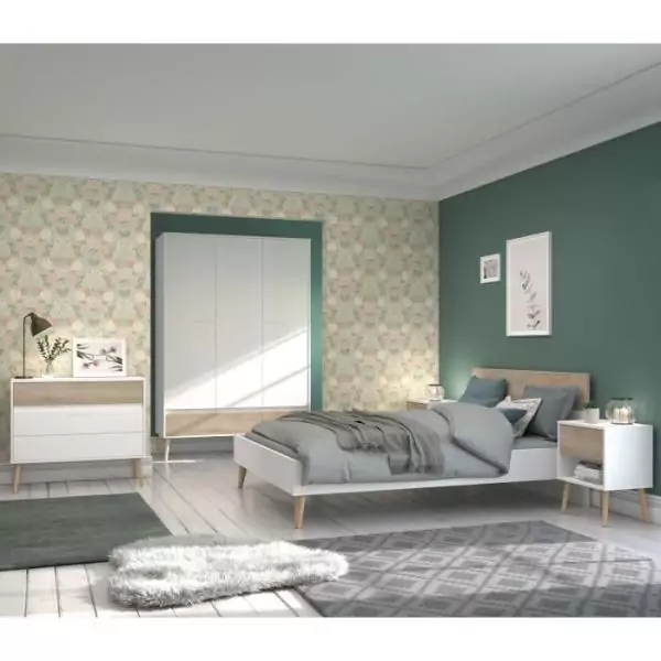Chambre complete - AALBORG - Scandinave - Blanc / Chene - Lit 140 x 190 cm, 2 chevets, commode, armoire - PARISOT