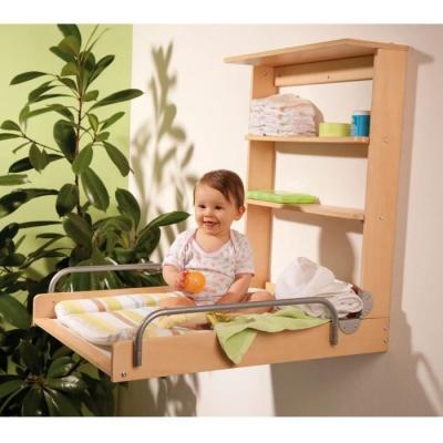 Table à langer murale rabattable - ROBA DSCHUNGELBABY - Matelas rayé multicolore - Bois Naturel