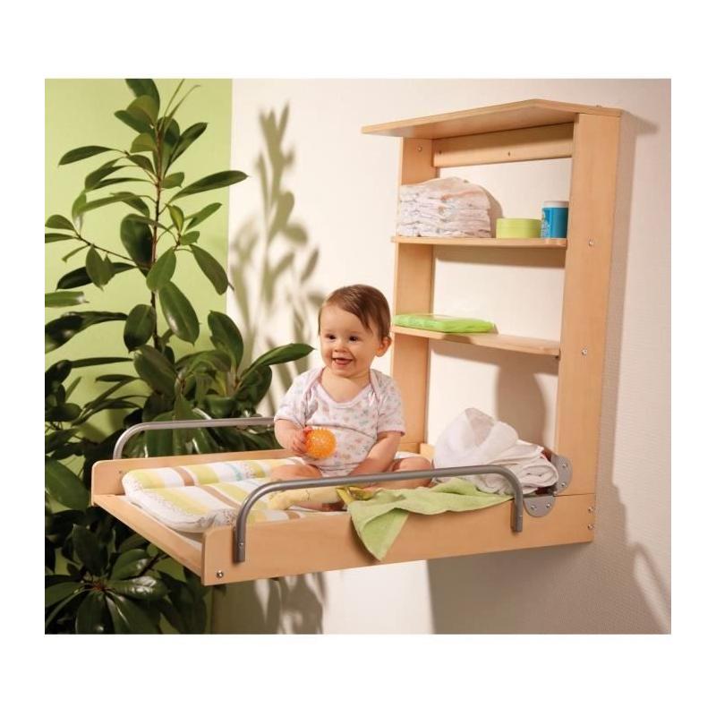 Table à langer murale rabattable - ROBA DSCHUNGELBABY - Matelas rayé multicolore - Bois Naturel