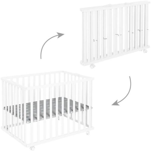 Parc bébé pliable - ROBA - LITTLE STARS - 75 x 100 cm - Réglable en hauteur - 4 Roues freinées - Bois Laqué Blanc - Motif