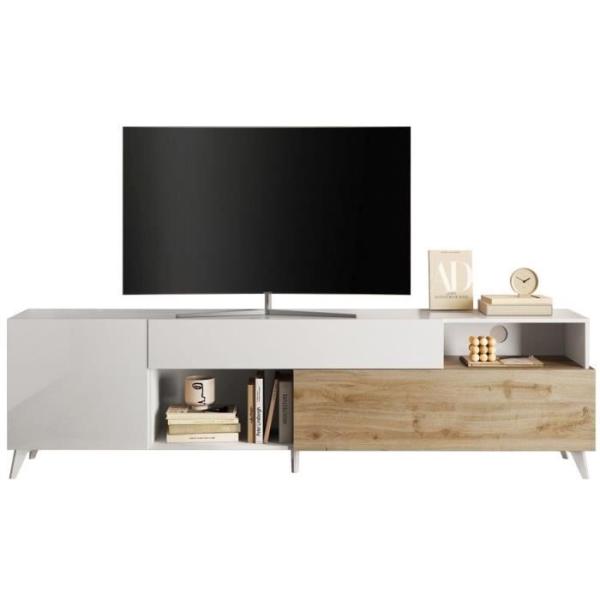 Meuble Tv - MONTECARLO XXL - 1 porte - 2 tiroirs - Blanc laqué / Chene Cadiz - 241 x 43 x 67 cm