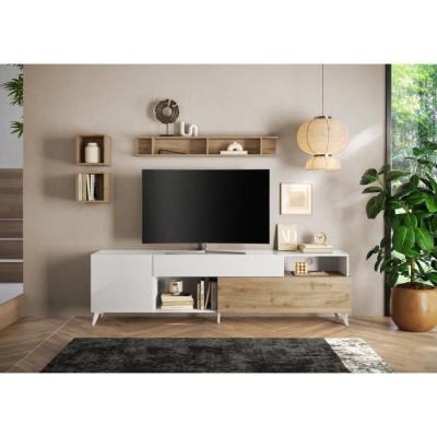 Meuble Tv MONTECARLO XXL - Design moderne - Blanc laqué / Chene Cadiz