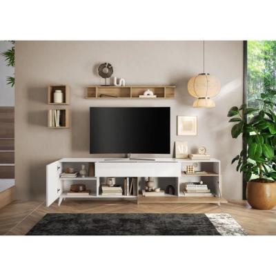 Meuble Tv MONTECARLO XXL - Design moderne - Blanc laqué / Chene Cadiz