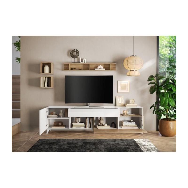 Meuble Tv MONTECARLO XXL - Design moderne - Blanc laqué / Chene Cadiz