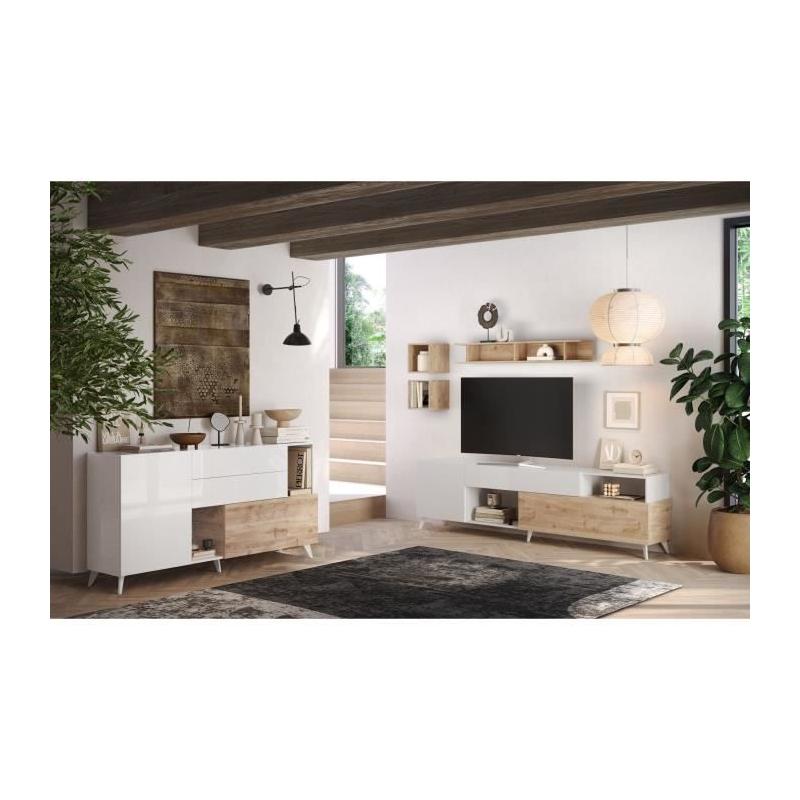 Meuble Tv MONTECARLO XXL - Design moderne - Blanc laqué / Chene Cadiz