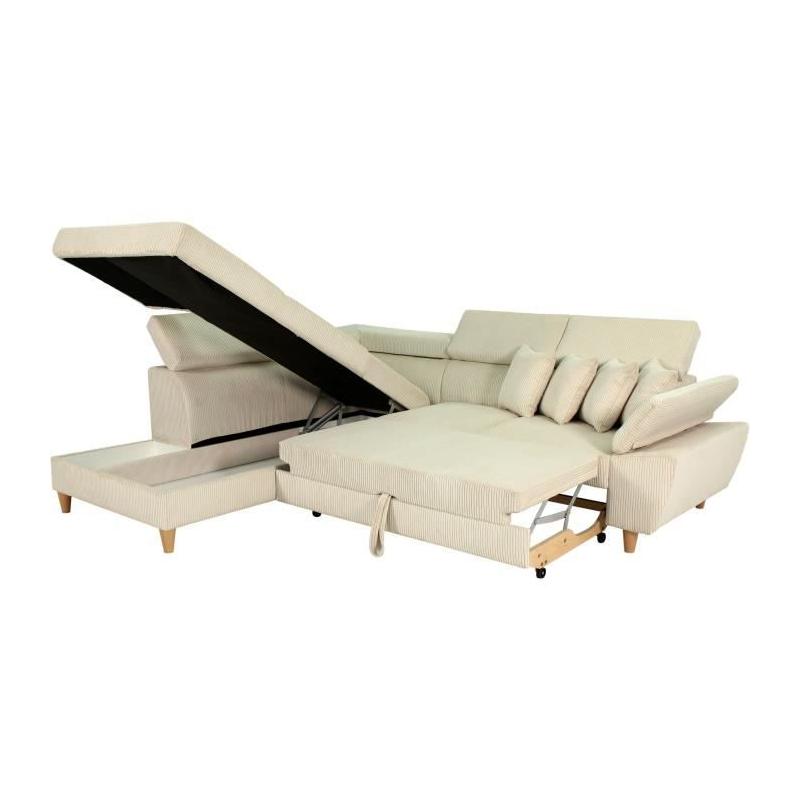 Canapé d'angle convertible 4 places WESTON en velours côtelé beige