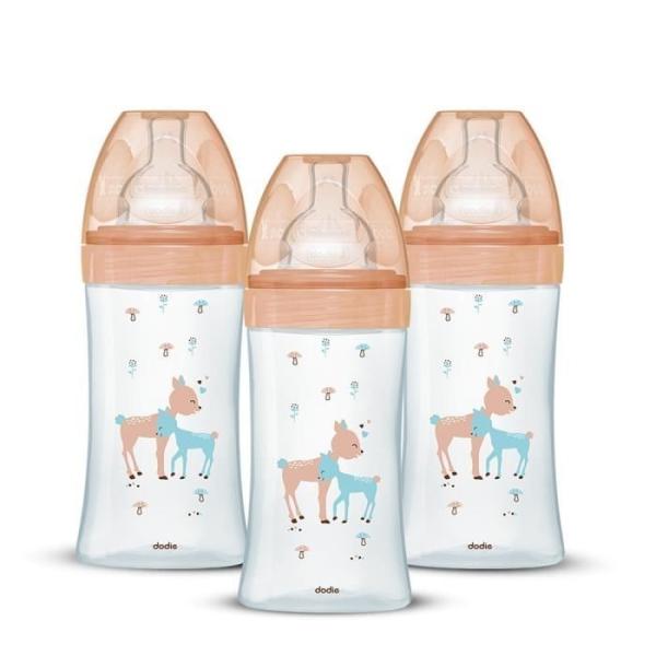 Lot de 3 Biberons DODIE Anti-Colique Sensation+ - Verre - 270ml - 0-6 Mois - Tétine plate - Débit 2