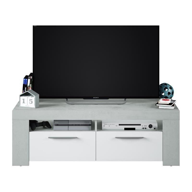 Meuble TV AMBIT: Design béton/blanc, 2 portes - 2 niches