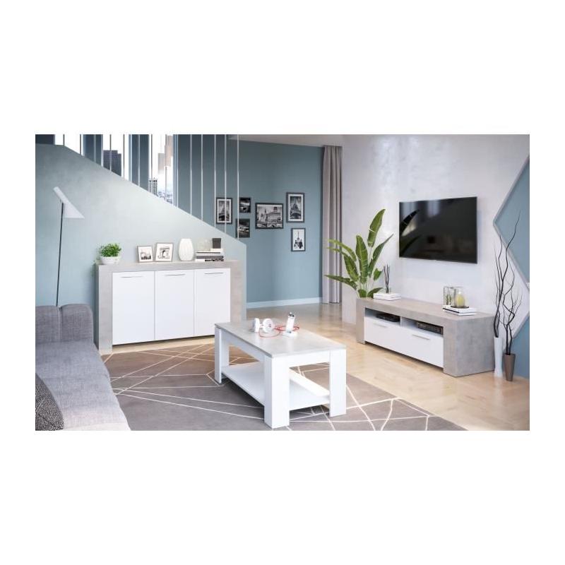 Meuble TV AMBIT: Design béton/blanc, 2 portes - 2 niches
