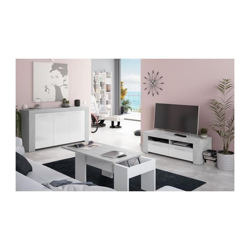 Meuble TV AMBIT: Design béton/blanc, 2 portes - 2 niches