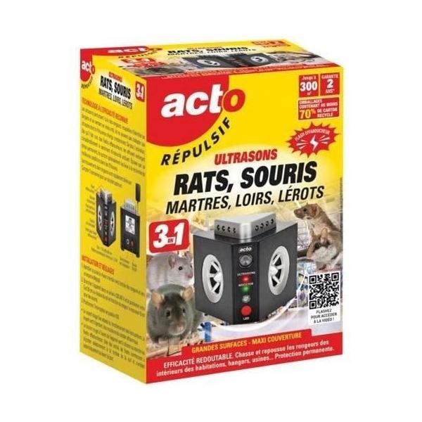 Répulsif ultrasons - ACTO - 3 en 1 - Maxi couverture grand angle - 300m² - Rats - Souris - Martres - Loirs - Lérots