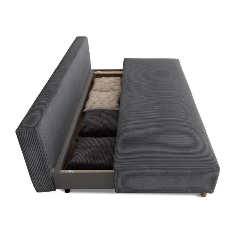 Canapé convertible 3 places GINO - Tissu anthracite - Avec coffre