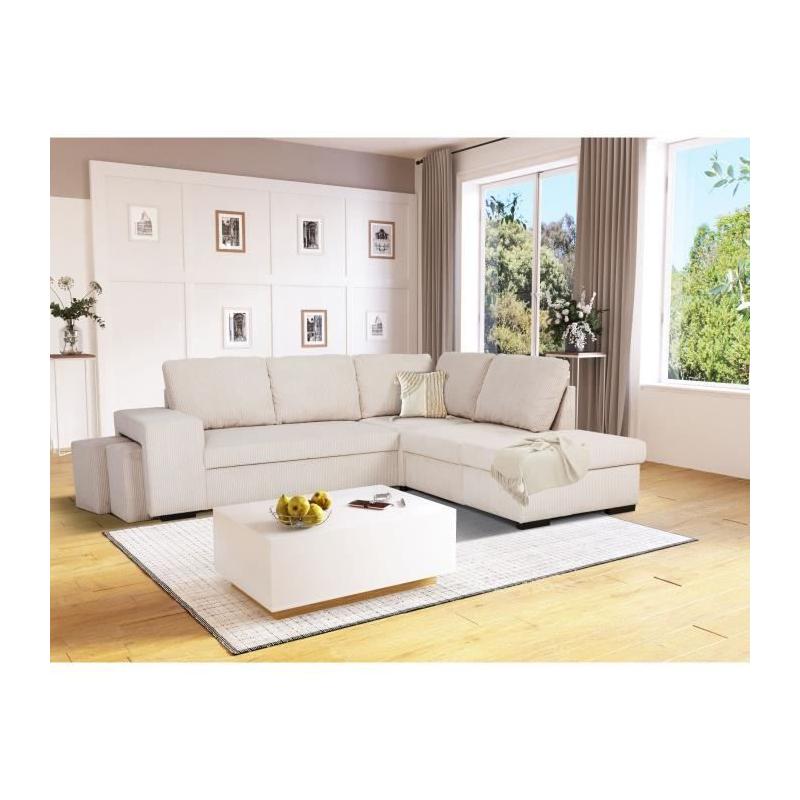 Canapé d'angle convertible réversible - MITCHELL - Tissu velours côtelé Pearl - Coffre, Poufs