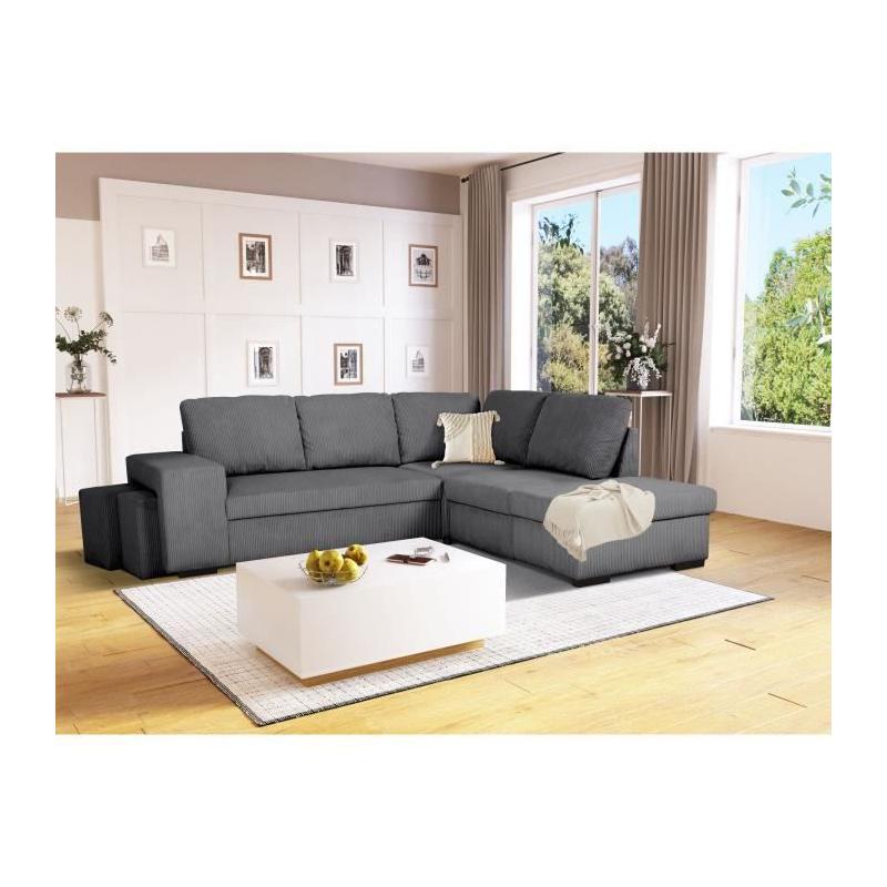 Canapé d'angle convertible réversible MITCHELL - Tissu velours côtelé Anthracite
