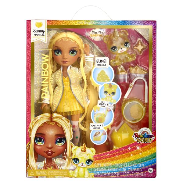 Rainbow High Poupée Mannequin avec Kit de Slime et Animal de Compagnie - Sunny (Jaune) - Poupée Pailletée 28 cm avec Kit de S