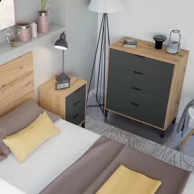 Commode 4 tiroirs chêne noueux et gris anthracite - Style naturel et moderne