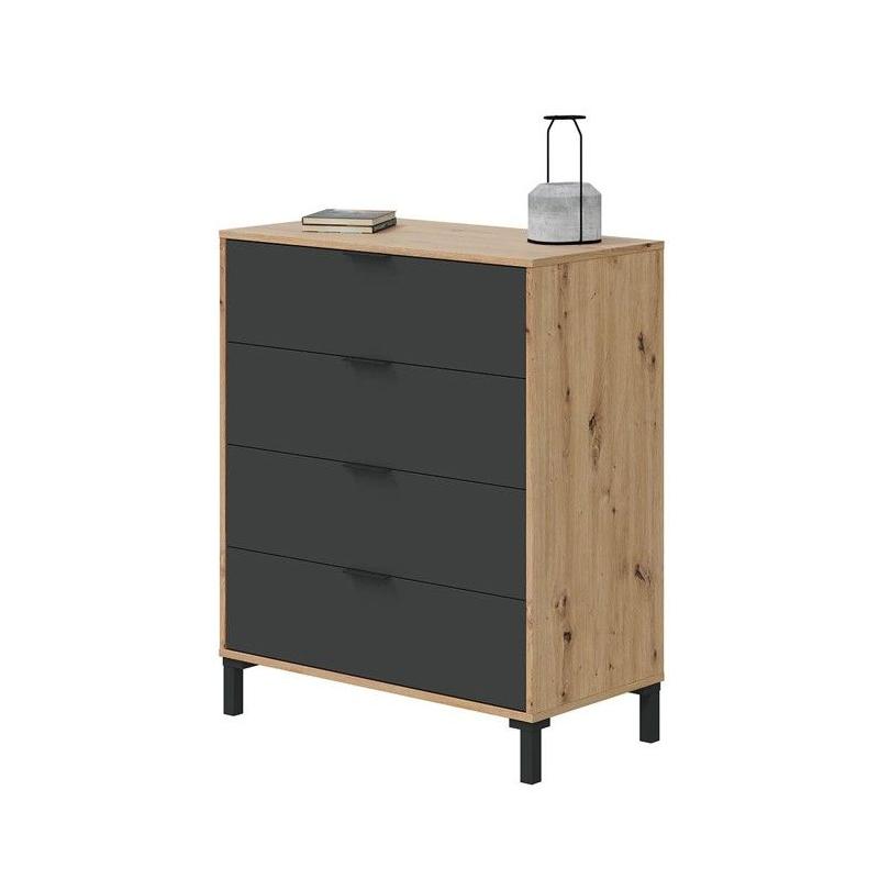 CALICOSY - Commode 4 tiroirs décor chene noueux et gris anthracite - L77,5 cm - Bois clair