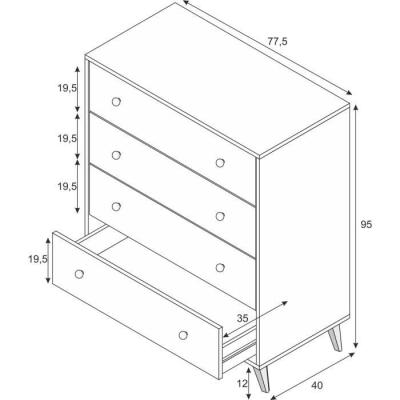 Commode Blanc - Style Doux - 4 Tiroirs - 95 x 77.5 x 40 cm