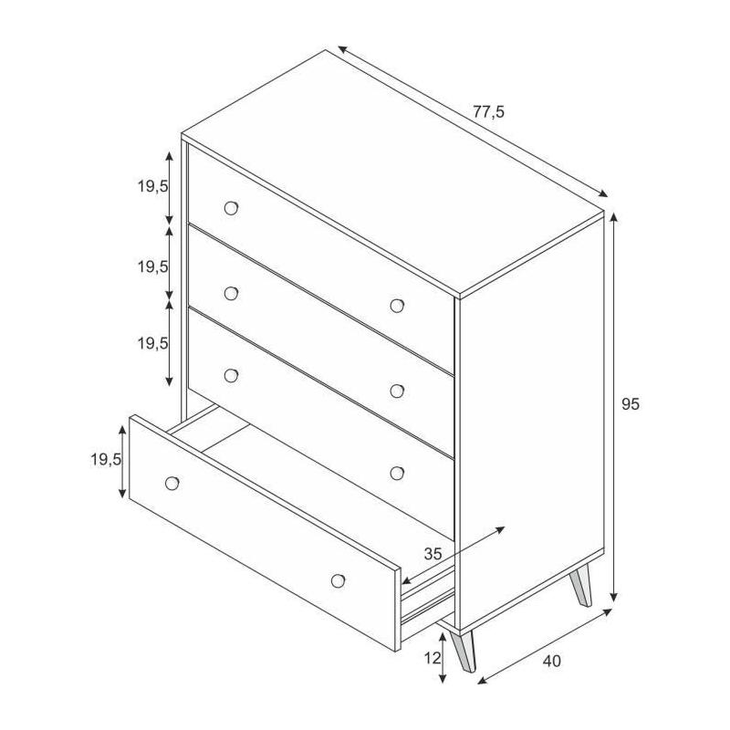 Commode Blanc - Style Doux - 4 Tiroirs - 95 x 77.5 x 40 cm