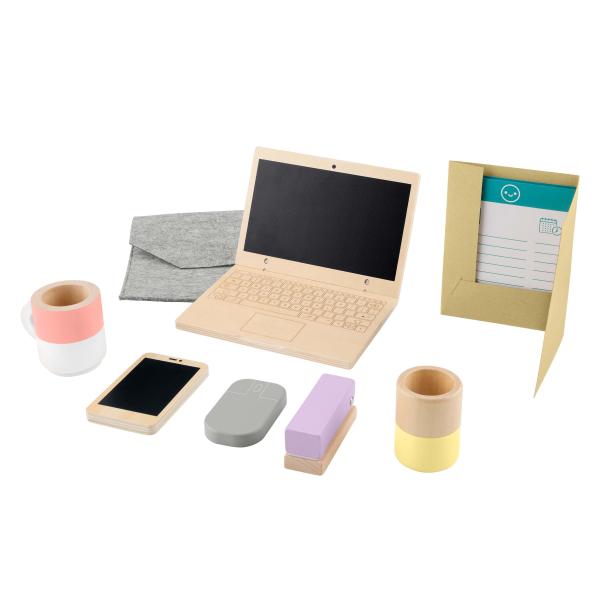 FISHER-PRICE Set de télétravail en Bois, 9 éléments avec ordinateur portable et téléphone en bois HXV11