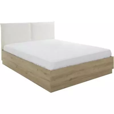 Lit coffre tete textile - TIDY - 140 x 190 cm - Chene / Ecru - Sommier inclus - GAMI