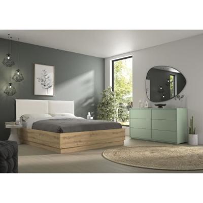 Lit coffre moderne avec tête de lit textile - TIDY 140x190cm - Chêne/Ecru