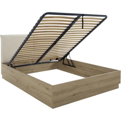 Lit coffre moderne avec tête de lit textile - TIDY 140x190cm - Chêne/Ecru