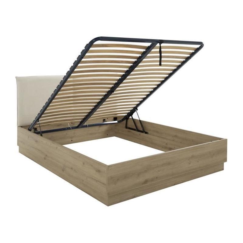 Lit coffre moderne avec tête de lit textile - TIDY 140x190cm - Chêne/Ecru