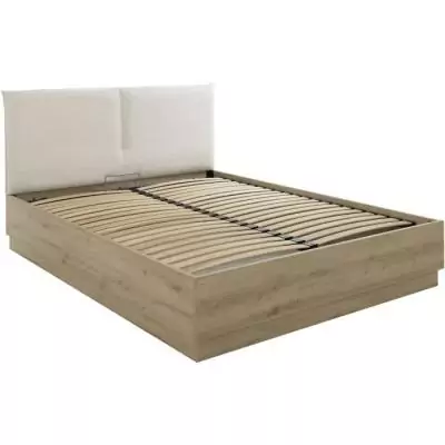 Lit coffre moderne avec tête de lit textile - TIDY 140x190cm - Chêne/Ecru