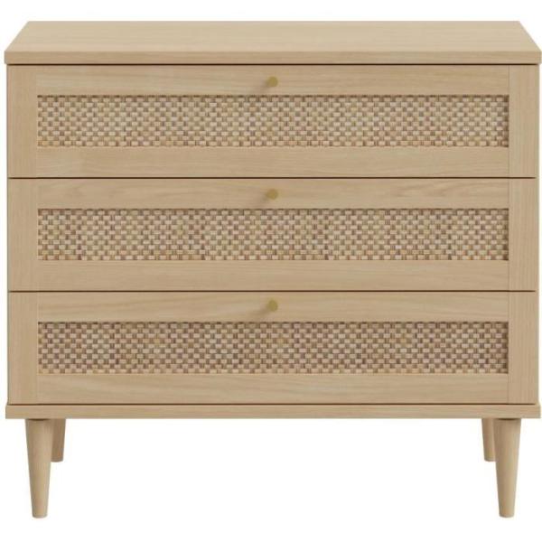 Commode - 3 tiroirs - Décor Chene- Cannage - L90,4 x P41,4 x H80 cm - CALASETTA