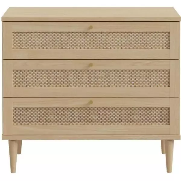 Commode - 3 tiroirs - Décor Chene- Cannage - L90,4 x P41,4 x H80 cm - CALASETTA