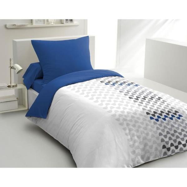 Parure de couette microfibre AMBROISIE - 1 housse de couette 140 x 200 cm + 1 taie d'oreiller 63 x 63 cm - Bleu