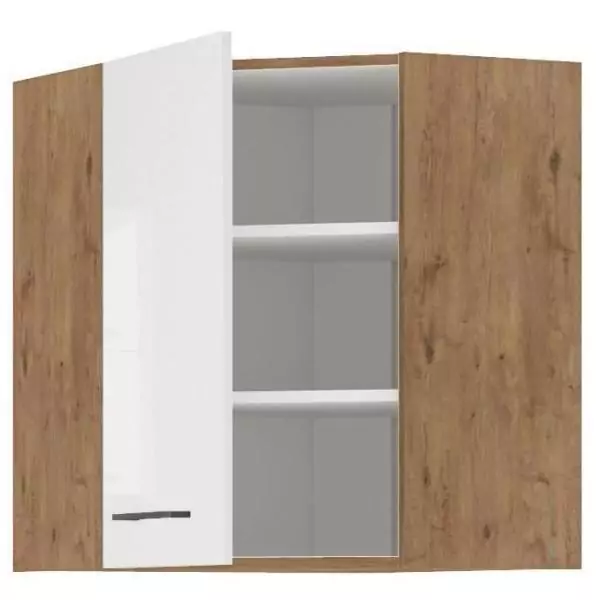 ROCK - Meuble haut d'angle - Mélaminé chene Lancelot et Blanc brillant - 58 x 58 cm