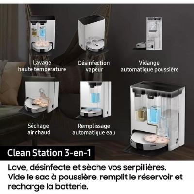 Aspirateur Robot Laveur Samsung Jet Bot Combo AI VR7MD97A14G - Clean Station & Désinfection Vapeur - Reconnaissance Objets