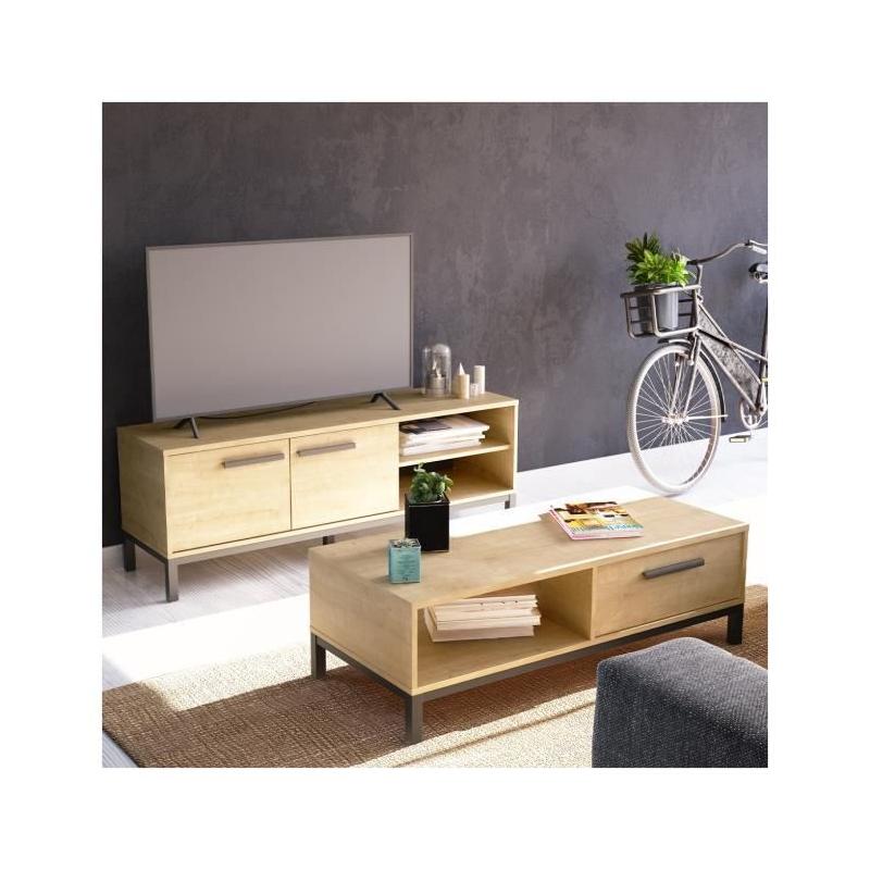 Table basse rectangulaire avec 1 tiroir et 1 niche - CRAFT - Chêne Hamilton / Noir