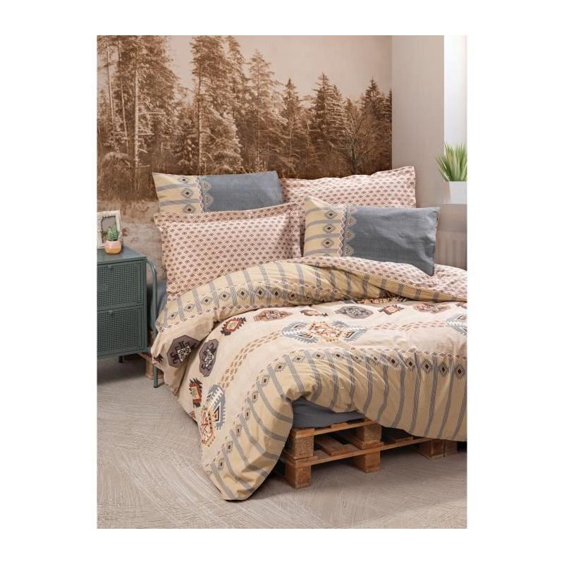 Parure de lit - 1 housse de couette 220 x 240 cm + 2 taies d'oreiller 60 x 60 cm - 100% coton renforcé - Beige