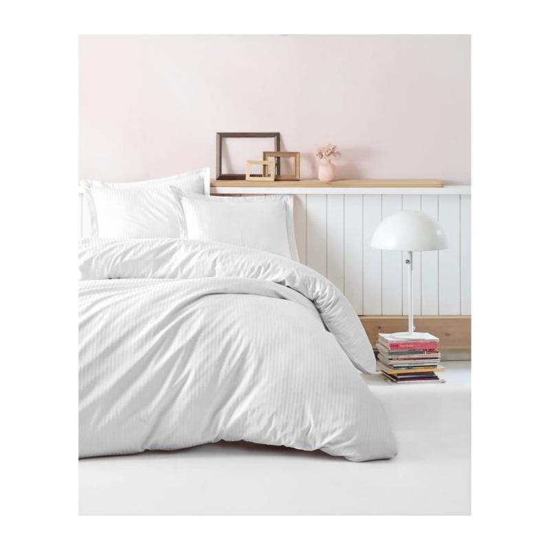 Parure de lit satinée 100% coton blanc - 1 housse de couette + 2 taies d'oreiller