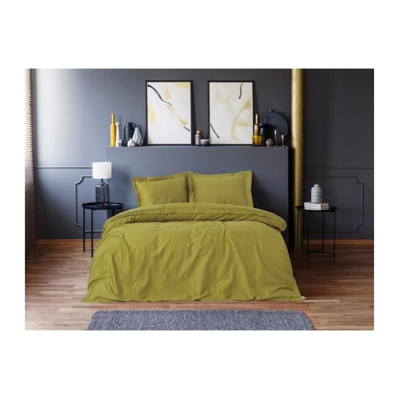 Parure de lit satinée 100% coton - Vert - 1 housse de couette + 2 taies - 220x240 cm