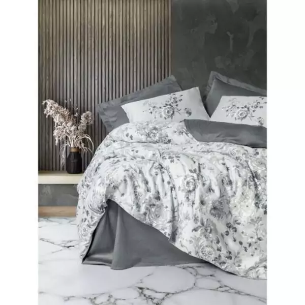 Parure de lit - 1 housse de couette 220 x 240 cm + 2 taies d'oreiller 60 x 60 cm - Satiné 100% coton - Gris