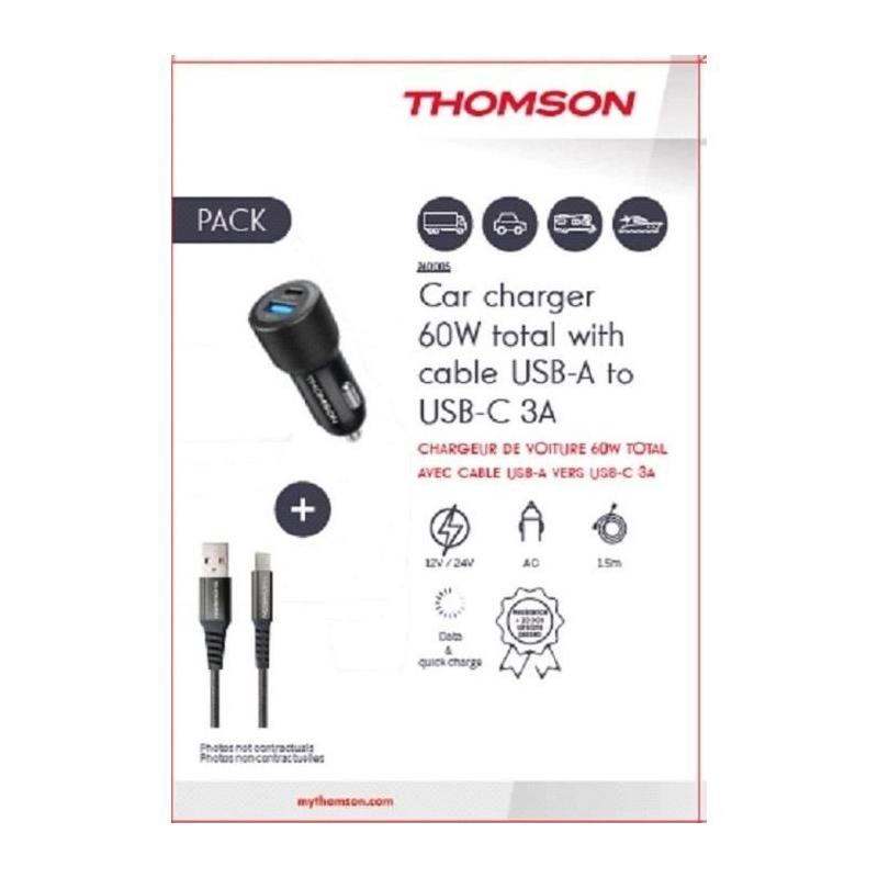 Pack chargeur voiture + câble - THOMSON 60 W - USB-A vers C 3A