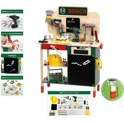 Grand établi Bosch - KLEIN - 8734 - Bois FSC - Avec visseuse électronique, caisse a outils, set de construction, etc. - Des 3